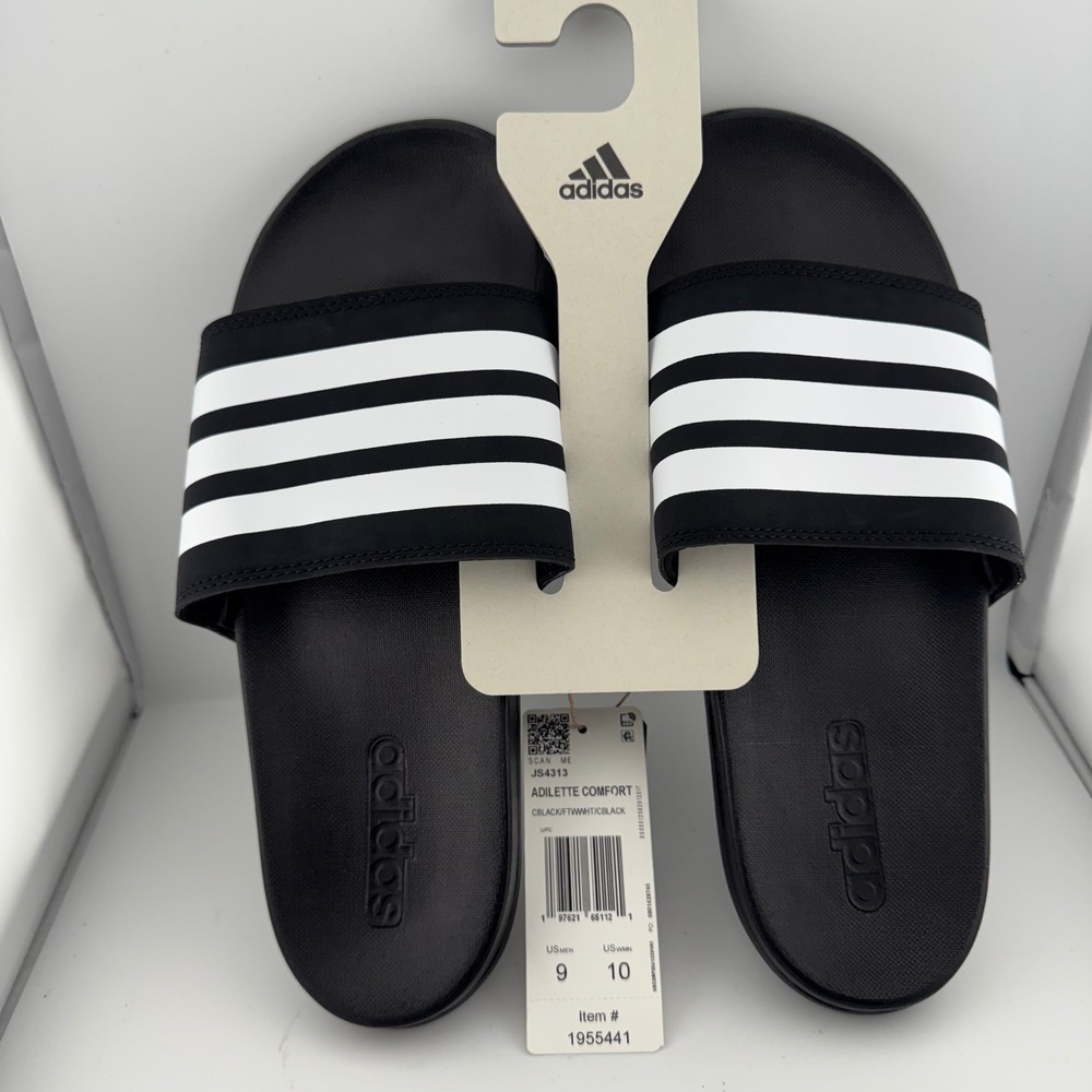 Adidas Adilette Comfort Slides Mens 9 Black White New JS4313 Sandals Striped